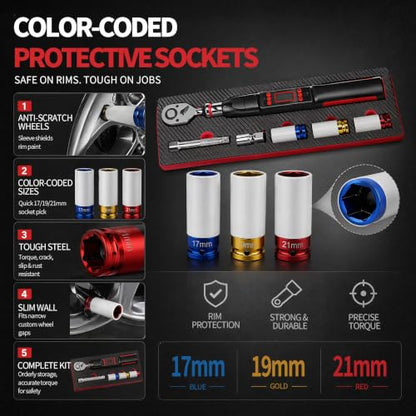 1/2" Digital Torque Wrench Set 6Pcs, 14.7-295Ft-lb(20-400Nm) ±2% Acc, Triple Vib/Beep/LED Alert, 5 Units, Torque Preset, Non-Marring Sockets, Ext Bar, Hard Case, Car Truck RV Tire Suspension Tool