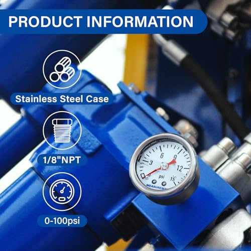 MEASUREMAN 1-1/2" Dial Size, Glycerin Filled Fuel Pressure Gauge, 304 Stainless Steel case, 0-15Psi, 3-2-3%, 1/8" NPT Back Mount - size: 0-15 psi, style: Back Mount