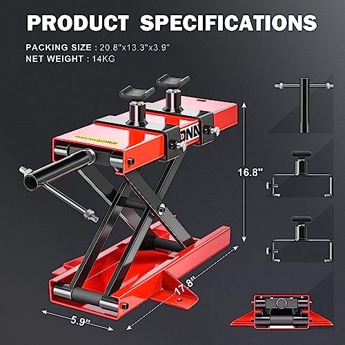 DNA Motoring Motorcycle Lift, 1100 LBS Scissor Jack with Saddle & Safety Pins, 3.7"-14.8" Center Hoist Crank Stand, TOOLS-00289 - style: 1100lbs