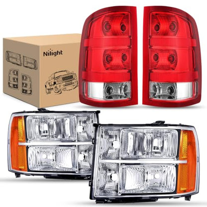 Nilight Headlight and Taillight Combo for 2007-2013 GMC Sierra 1500 - color: Chrome Housing + Amber Reflector w/Tailight