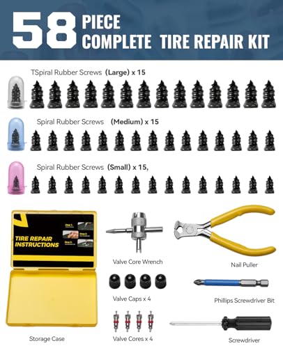 AUTOWN Tire Repair Kit with Tire Plug Screw Type, Heavy Duty Emergency Tool