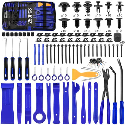 Trim Removal Tool Kit 250Pcs Car Removal Tool Kit Pry Tool Set Auto Clip Pliers Panel Door Radio Dash Window Bumper Adhesive Cable Clips Retainer Clip Set Terminal Removal Tool Set Fastener Remover - color: Blue