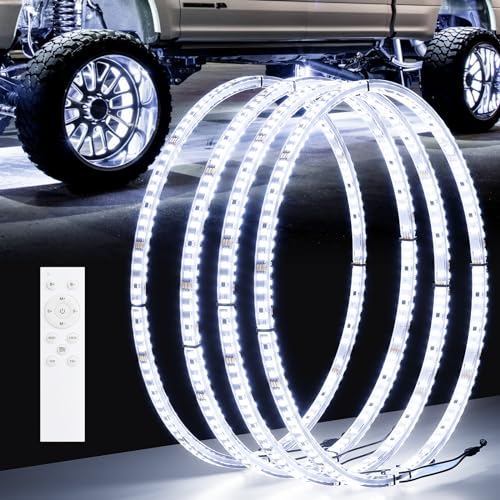 Ehaho 17" Super Bright Double Row Pure White Wheel Lights, Wheel Ring Lights with Remote Control and Turn & Braking Signal Compatible with Various Trucks SUV Car（4PCS） - size: 4 Wheel-17" 2-Row Pure White