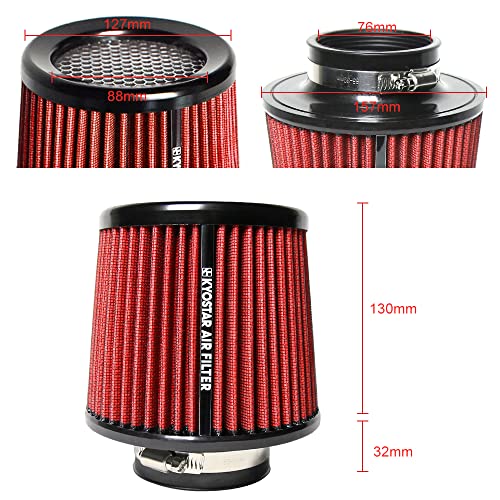 Universal 3" 76mm High-Flow Air Filter, Reusable Cone Cold Air Intake, High Performance, Washable, Clamp-On Car High Flow Dry Air Kit, Flange Diameter: 3 Inch, Filter Height: 6.4 Inch, Green - color: 76mm 3" red