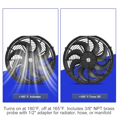 Universal 14-Inch Slim Electric Radiator Cooling Fan Kit – 12V 90W Push/Pull with Thermostat, Relay, Wiring Harness & Mounting Kit, Universal Fit – Black - size: 14 inch