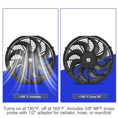 Universal 14-Inch Slim Electric Radiator Cooling Fan Kit – 12V 90W Push/Pull with Thermostat, Relay, Wiring Harness & Mounting Kit, Universal Fit – Black - size: 14 inch