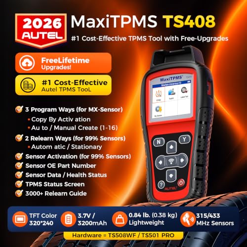 Autel MaxiTPMS TS408 TPMS Relearn Tool, 2026 TPMS Programming Scanner Lite Ver. of TS501 Pro TS508WF TS601, Activate/Relearn/Read Sensors, Program MX-Sensor 315/433MHz, Lifetime Free Updates