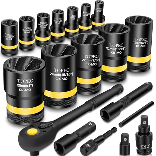 Topec 1/2" Drive Lug Nut Removal Tool, 19-Piece 10-25mm, Impact Lug Nut Extractor Socket Set with Ratchet Handle, Wheel Lock Removal Kit for Damaged, Rounded, Stripped Car Bolt Nuts - size: 19 PCS
