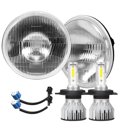 H4/9003 LED Headlight Bulbs + 7 Inch H6024 Glass Round LED Headlight Housing,Halogen Sealed High Low Dual Beam,Original Classic Look Conversion Pair Kit Pair - size: H6024
