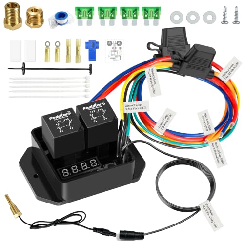 12V/24V Digital Electric Radiator Fan Controller Kit with 1/8" 1/4" 1/2" NPT Thread-in Temperature Probe, Adjustable 104°F-230°F Thermostat Switch,Dual Fan Relay Harness for Cooling Systems - style: 1/8" 1/2" 1/4" NPT Digital Dual Electric Fan Relay Kit