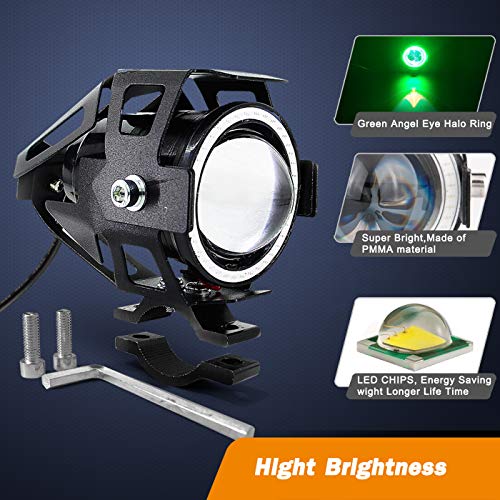 Motorcycle LED Fog Lights U7 Spotlight Daytime Running Lights with Green Angel Eyes Halo Ring and Switch 2-Sets - color: green