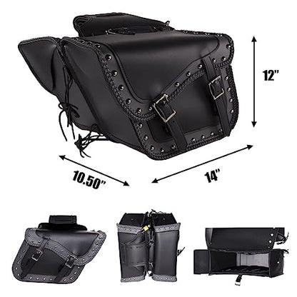GARGOYLE BELLS Motorcycle Saddle Bags Studded PVC Motorcycle Luggage Bag with Gun Holsters For Softails Sportsters and Choppers Waterproof Tool Bags - size: 14" x 12" x 10.5", style: Style 1-with Studs and Braids