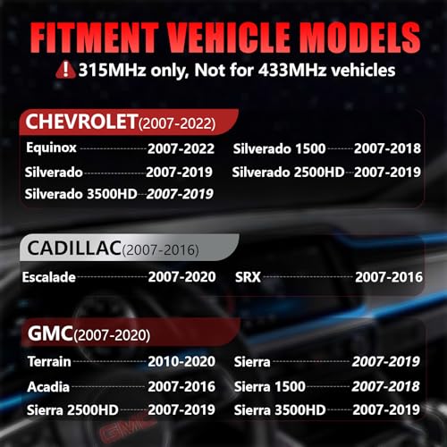 Pre-Programmed 315Mhz TPMS, Tire Pressure Sensor Fit for Chevy Silverado(2007-2019)/Equinox(2007-2022), Cadillac Escalade (2007-2020), GMC Terrain(2010-2020)/Sierra(2007-2019) (4PCS)