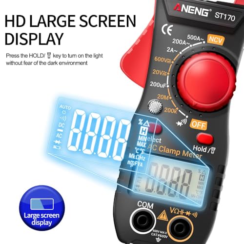 NCV Digital Clamp Meter Multimeter 2000 Counts Amp Voltage Tester Auto-ranging with AC/DC Voltage, AC Current, Resistance, Capacitance, Continuity, Live Wire Test, Red