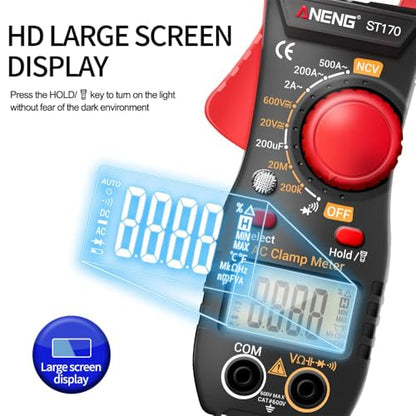 NCV Digital Clamp Meter Multimeter 2000 Counts Amp Voltage Tester Auto-ranging with AC/DC Voltage, AC Current, Resistance, Capacitance, Continuity, Live Wire Test, Red