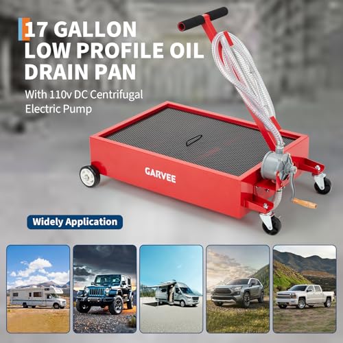GarveeTech Oil Drain Pan 15 Gallon Oil Drain Tank,57L Low Profile Oil Drain Pan,Oil Catch Pans for Changing Oil,Foldable Hand, with Pump, Hose, Swivel Casters for Car, SUV, Trucks Oil Draining Red
