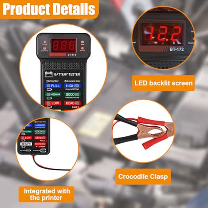 Craedli 12V Car Battery Tester BT-172, Digital Automotive Battery Analyzer & Alternator Charging System Tester with LCD Display and LED Indicators, Voltmeter Diagnostic Tool for Cars Trucks SUV(Black)