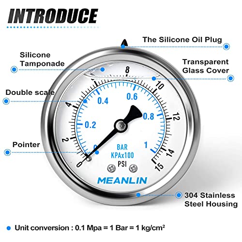 MEANLIN MEASURE 0~15Psi Stainless Steel 1/4" NPT 2.5" FACE DIAL Liquid Filled Pressure Gauge WOG Water Oil Air Center Back Mount, with 1/2" NPT and 3/8" NPT Hex Bushing - size: 0-15Psi