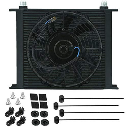 34 Row Heavy Duty Black Aluminum Engine Transmission Oil Cooler 6AN End Fittings 9" Inch Electric Cooling Fan Kit