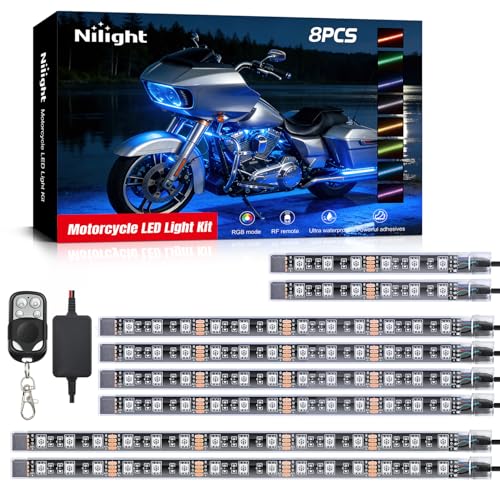 Nilight 8PCS Motorcycle RGB Led Light Kit Waterproof Multi-Color Atmosphere Lights Lamp with 4Key RF Wireless Remote for Harley Davidson Honda Kawasaki Suzuki, 2 Years Warranty (TL-42) - color: 8Pcs RGB LED Strip Lights