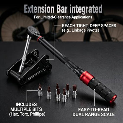 WORKKOOL 1/4" Bike Torque Wrench Set 72-Tooth Dual Direction, 15PCS Drive Click Torque Wrench Double Scale 2-24Nm/1.47-17.7ft.lb/17.7-212.42in.lb for Bicycle, Motorcycle