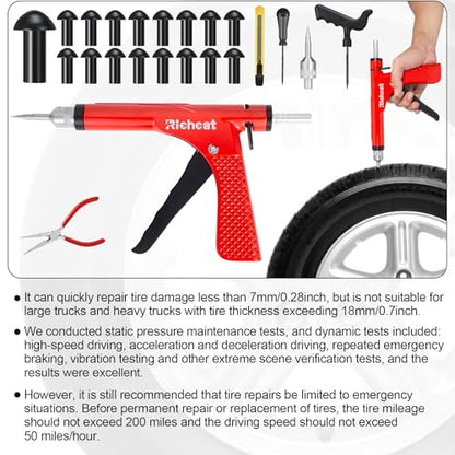 Richcat Tubeless Tire Puncture Repair Kit with Mushroom Plug, Repairs punctures and Flat Tires for Motorcycles, Cars, Trucks, ATVs,Gun Puncture Repair Kit - size: 22 Mushroom Plug Kit