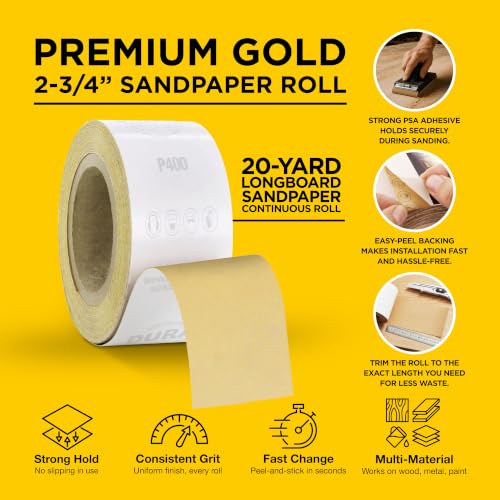 Dura-Gold Gold PSA Longboard Sandpaper, 400 Grit, 20 Yard Roll, 2-3/4" Wide - size: 400-Grit