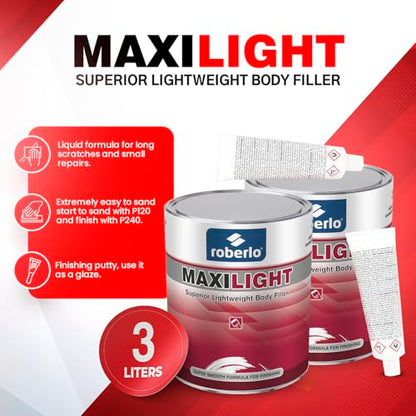 Roberlo Maxilight Superior Lightweight Body Filler - Repair for All Lengths Dents & Scratches, Perfect on Aluminum, Steel, Zinc, Galvanized & Fiberglass - Finish Putty, Smooth Finish - 3L + Hardener - size: 3 Liter (Pack of 2)