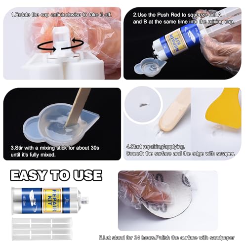 Marine Fiberglass Repair Kit - 3.4oz White Gel Coat & Gelcoat Repair Kit for Boats, Fiberglass Repair Epoxy Filler, Fast Repair for Scratches, Cracks, Holes, Fiber Glass Patch Kit for Acrylic