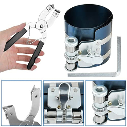8Pcs 3" 4" 6" Piston Ring Compressor, Car Engine Piston Ring Compressor Tool with Pliers, Hex key and Stainless Steel Feeler Gauge, Piston Ring Installation Tool for Car Engine