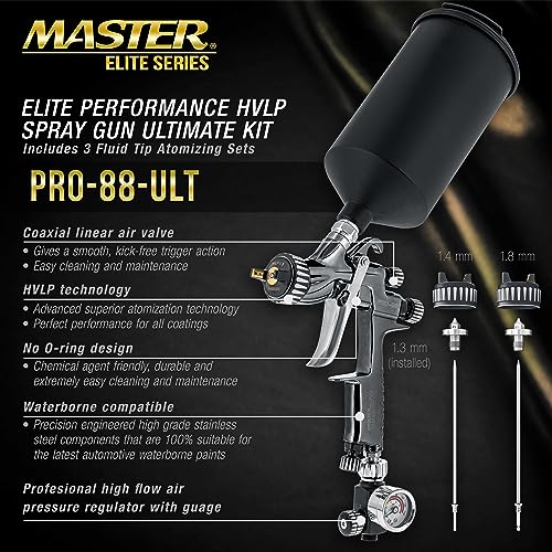 Master Elite Performance PRO-88 HVLP Automotive Spray Paint Gun with 3 Tips - size: 1.3mm, 1.4mm, 1.8mm