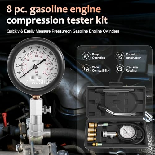 Engine Compression Tester Kit 8PCS, 0-300 PSI Cylinder Pressure Test Tool for Gasoline Engines on Cars, Motorcycles, ATVs & Small Engines with Dual Scale Gauge and Adapters (Black-8PC)