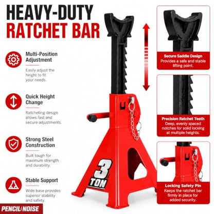 Car Jack Stands 3 Ton Capacity, Adjustable Height and Double Locking, Extra Reinforced Car Lifting Stand, Red, 2 Pack - color: Red