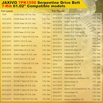 K070610 Serpentine Drive Belt V-Ribbed for Lexus 13-18 ES350,07-15 GS350,06-18 IS350 Highlander 3.5L,for Toyota 3.5L 13-18 Avalon,12-17 Camry,06-12 RAV4,11-16 Sienna,7PK1550 - size: 7PK1550-1550mm