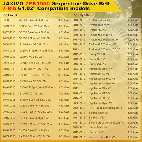 K070610 Serpentine Drive Belt V-Ribbed for Lexus 13-18 ES350,07-15 GS350,06-18 IS350 Highlander 3.5L,for Toyota 3.5L 13-18 Avalon,12-17 Camry,06-12 RAV4,11-16 Sienna,7PK1550 - size: 7PK1550-1550mm