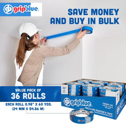 Professional-Grade Blue Painters Tape 1 Inch Wide, 36 Rolls - size: 1 in/.94 (Case 36)