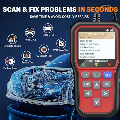 BluSon YM319 OBD2 Scanner Diagnostic Tool with Battery Tester, Scan Tool - color: Red
