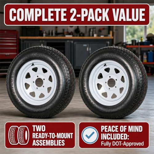 eCustomrim 2 Pack Trailer Tire Assembly ST205/75D15 Load C 5 Lug White
