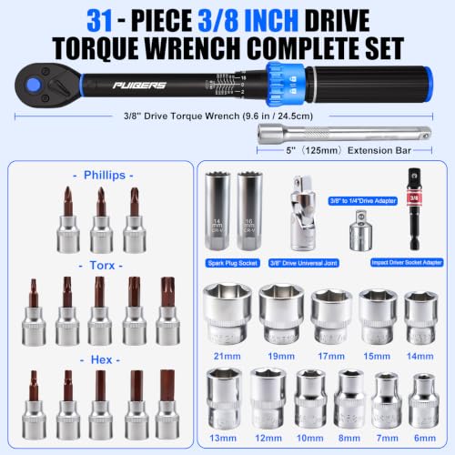 3/8-Inch Drive Click Torque Wrench Set (20-240 in.-lb), 31-Piece Bike & Auto Tool Kit with Metric Sockets (6-21mm), Torx/Hex Bit Sockets, Spark Plug Sockets & Extension - size: 3/8" 20-240 in.lb - 31 Pcs