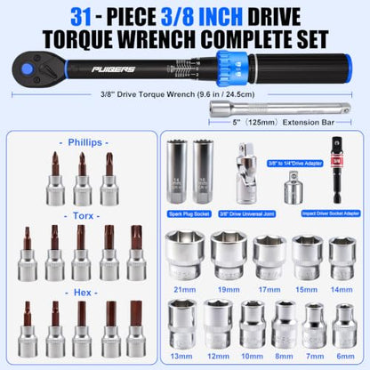3/8-Inch Drive Click Torque Wrench Set (20-240 in.-lb), 31-Piece Bike & Auto Tool Kit with Metric Sockets (6-21mm), Torx/Hex Bit Sockets, Spark Plug Sockets & Extension - size: 3/8" 20-240 in.lb - 31 Pcs