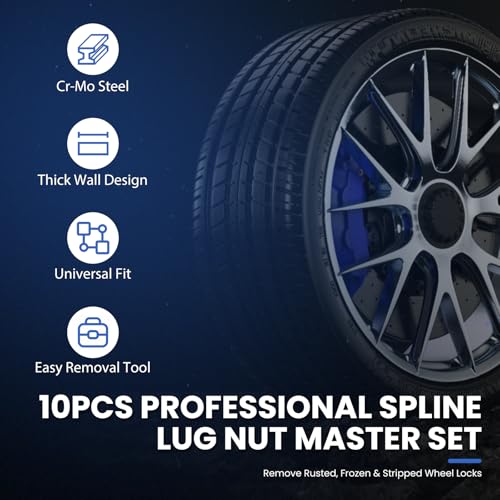 10PCS Spline Lug Nut Socket Set, Wheel Lock Removal Kit & Master Key for 5/6/7/12 Spline Locking Nuts with SAE 19mm Hex Deep Socket, Cr-Mo Steel - size: 10PCS Spline Lug Nut Socket Set