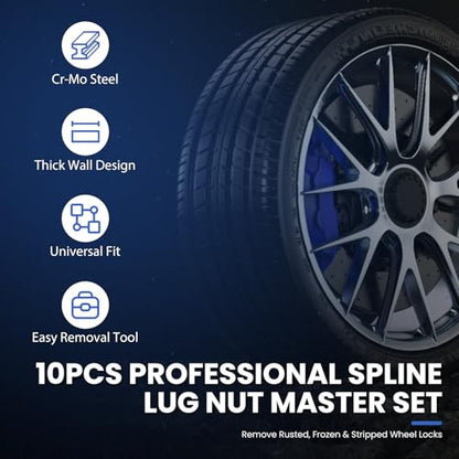 10PCS Spline Lug Nut Socket Set, Wheel Lock Removal Kit & Master Key for 5/6/7/12 Spline Locking Nuts with SAE 19mm Hex Deep Socket, Cr-Mo Steel - size: 10PCS Spline Lug Nut Socket Set