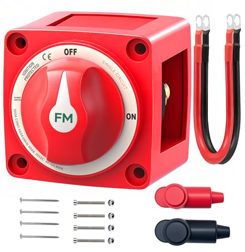 300A Waterproof Battery Disconnect Switch 12V-48V, On/Off Kill Switch for Marine, RV, Car, Boat, Truck, ATV, UTV, Ignition Protected with Cable - color: 300A ON/OFF Single Circuit with Cable