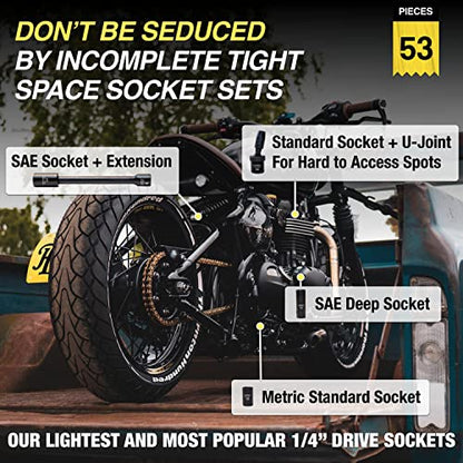 TIGHTSPOT 1/4" Drive 53pc Impact Socket PRO SET, our Most Popular Set Ever with SAE & Metric from 3/16 Inch - 9/16 Inch, 4mm-15mm, Standard/Deep Sockets, Extension Bars, Adapter & More - size: 1/4” Drive 53pc Impact Socket Set