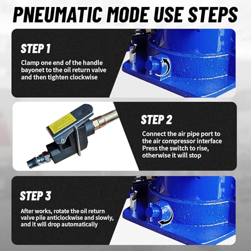 32 Ton Air Hydraulic Bottle Jack with Air-Powered or Manual Operation, One-Piece Hydraulic Cylinder Design, Air Bottle Jack with Independent Air Pump Body and Carry Handle - color: Blue, size: 32 Ton