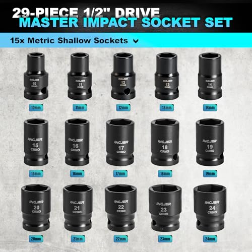1/2 29PC Socket Set Shallow, CR-MO,SAE/Metric 3/8"-1",10-24mm - size: 1/2inch 29PCS SHALLOW