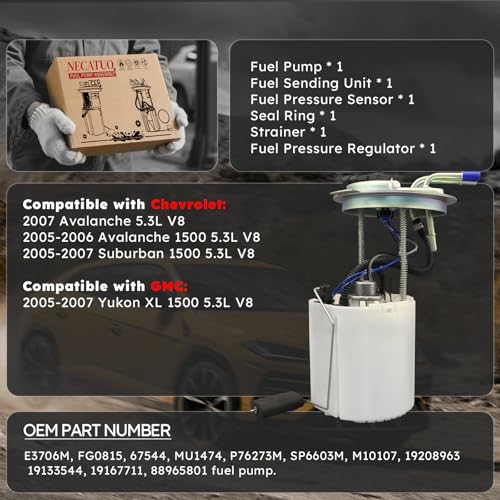 E3706M Electric Fuel Pump Module Assembly w/Sending Unit Pressure Sensor Compatible with Chevrolet Avalanche 1500 Suburban 1500 GMC Yukon XL 1500 2005-2007 5.3L V8, For FG0815 67544 - size: E3706M