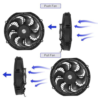 Universal 10-Inch Slim Electric Radiator Cooling Fan Kit – 12V 80W Push/Pull with Thermostat, Relay, Wiring Harness & Mounting Kit, Universal Fit – Black - size: 10 inch