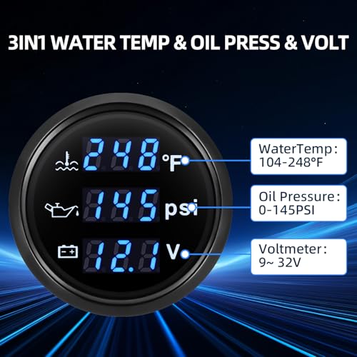 MH Triple Gauge Set - Water Temp (104°F-248°F), Oil Pressure (0-145PSI), Voltmeter (9-32V), Blue Backlight AUTO Gauge with Sensors 2" 52mm 3-in-1 Boat Marine Meter Kit (Black) - color: Black