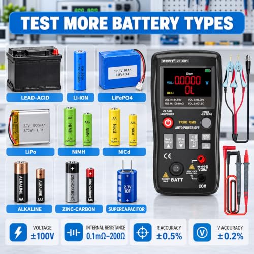 ZOYI ZT-XR1 2-in-1 Digital Multimeter & Battery Internal Resistance Tester, 25000 Counts Auto-Range True RMS, 0 to ±100V 4-Wire Kelvin Sensing for Automotive&Battery Test, Electronic Equipment Repair